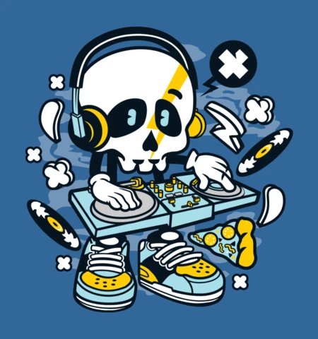 Modèle de t-shirt de personnage de dessin animé avec tête de mort de Dj