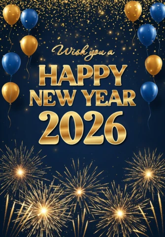 Cartão de feliz ano novo 2026 com fundo luxuoso azul escuro, confete dourado, balões e exibição de fogos de artifício.