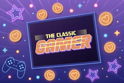 Retro Gamer Design Template with Game Controller and Neon Elements