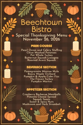 Thanksgiving Menu Design Template with Pumpkins and Candles for Restaurant Promotion