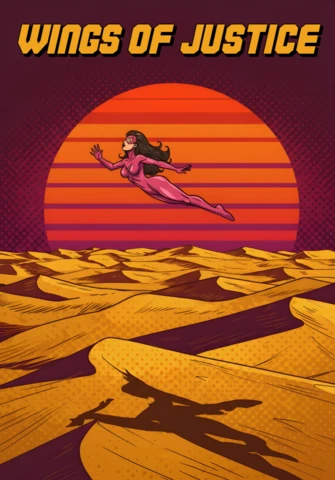 Plantilla de diseño de póster de superhéroe cómic Alas de la justicia sobre el atardecer del desierto