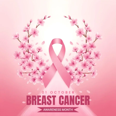 Support & Hope Breast Cancer Awareness Month Poster with Blossoms & Ribbon Banner Design Template