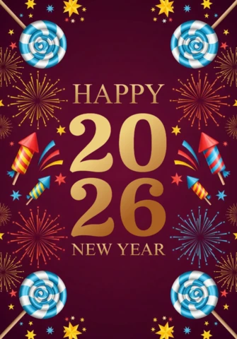 Feliz cartão de saudação de ano novo 2026 com fundo marrom, fogos de artifício, foguetes, estrelas e espirais de doce.