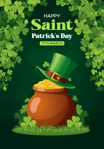 Saint Patrick's Day Design Template with Pot of Gold and Shamrocks for Greeting Cards
