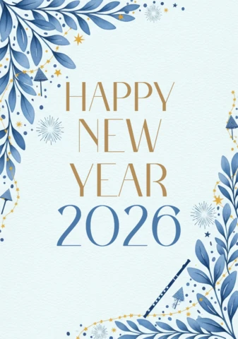 Watercolor Happy New Year 2026 Card Blue-Gold Foliage, Fireworks, and Party Hat Accents