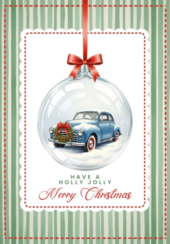 Cartão de saudação natalina festivo com ornamento pendurado, design de carro vintage, acentos de neve e laço de fita vermelha.