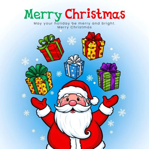 Merry Christmas Poster Santa Celebrating with Snowflakes and Colorful Presents in Festive Scene Design Template