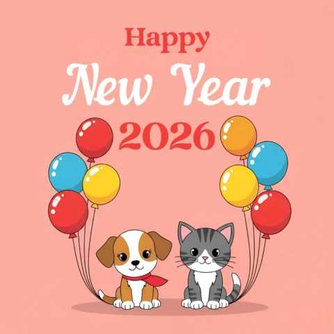 Feliz ano novo 2026 modelo de design com animais de estimação fofos e balões coloridos para cartões de saudação
