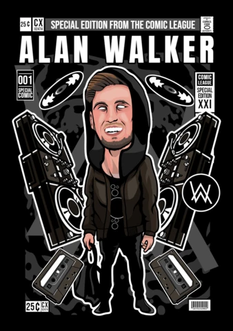 Alan walker personaje de dibujos animados plantilla de diseño de portada de revista