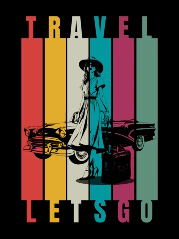 Plantilla de diseño de camiseta retro colorida para mujer con la frase "Vamos de viaje"
