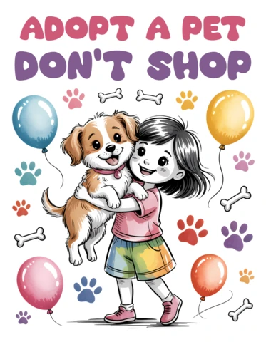 Design per l'adozione di animali domestici giocosa per volantini con palloncini colorati e stile cartoon
