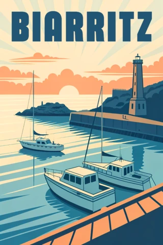 Vintage Biarritz Lighthouse and Boats Design Template for Travel Posters