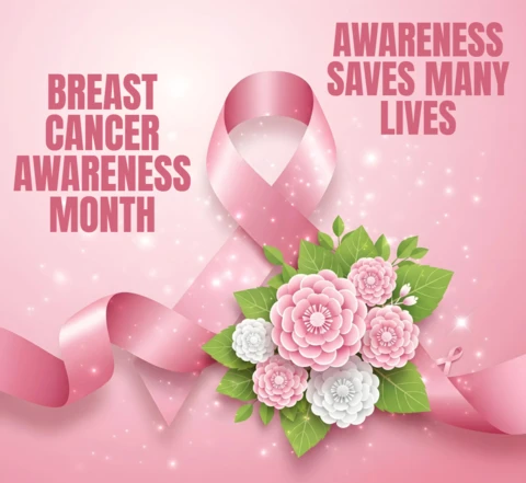 Sparkling Breast Cancer Awareness Pink Ribbon & Floral Bouquet Banner Design Template