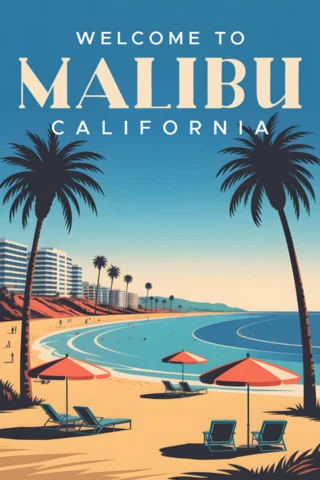 Modèle de design rétro de la plage de Malibu pour des affiches et des œuvres murales