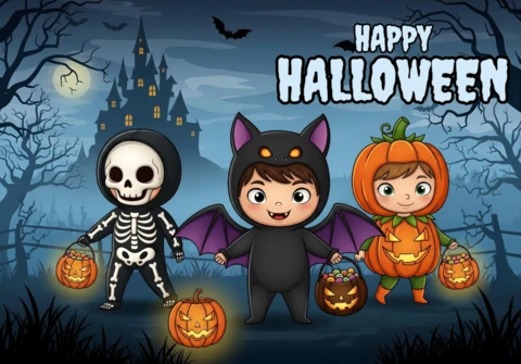 Noche de luna llena espeluznante de Halloween con cubos de dulces, niños disfrazados y murciélagos voladores, plantilla de diseño para volantes festivos.