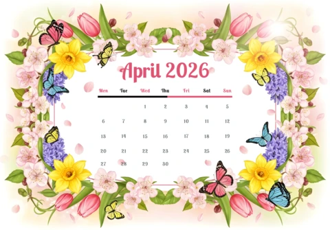 April 2026 Calendar Poster — Tulips, Daffodils, Cherry Blossoms, Hyacinths, and Butterflies Spring Decorative Theme