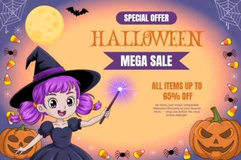 Halloween Themed Design Template for Promotional Flyer Featuring Chibi Witch and Pumpkins