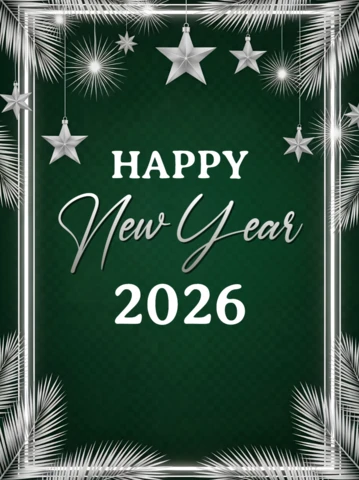 Plantilla de tarjeta de felicitación elegante para el año nuevo 2026 con diseño de estrellas y hojas de palma.