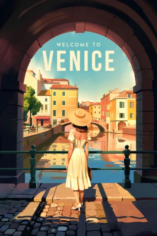 Woman in Venice Travel Poster Template with Vintage Illustration for Wall Art