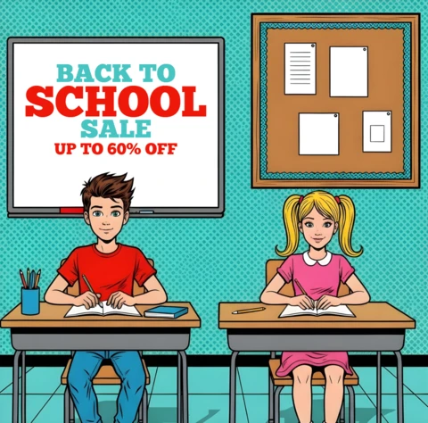 Plantilla de diseño de arte cómico de escritura de regreso a clases con estudiantes, pizarra y mensaje promocional para volantes promocionales.