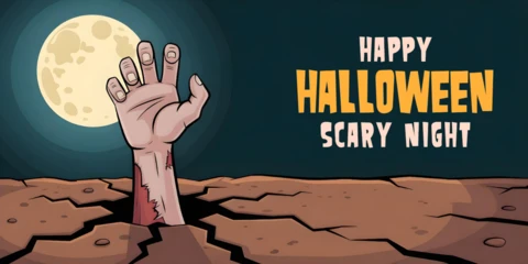 Halloween Decor Zombie Hand Illustration with Scary Night Theme & Festive YouTube Cover Design Template