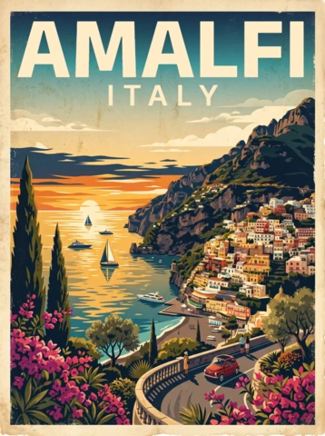 Vintage Retro Amalfi Coast Italy Travel Poster Mediterranean Charm Seaside Villas Scenic Road Sunset Mountains Artwork