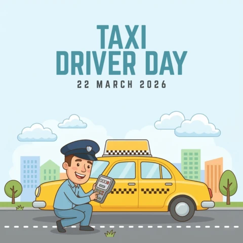 Taxi Driver Day 2026 Poster Smiling Driver Kneeling Beside Classic Yellow Cab Holding Payment Terminal Illustration