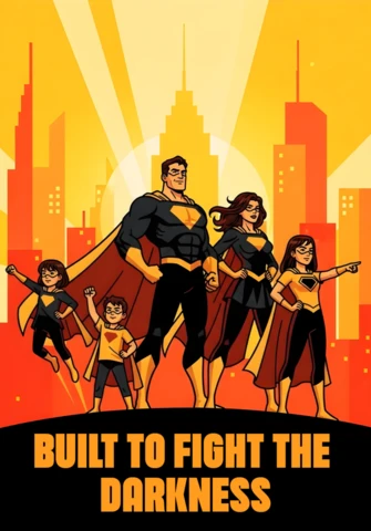 Built to Fight The Darkness Superhero Family in Black & Yellow Costumes Poster Design Template