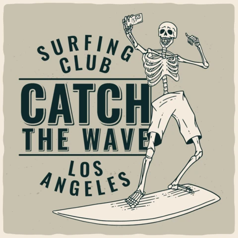 Skeleton With Surfing Board T-Shirt Design Template