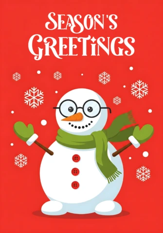 Christmas Greeting Card Snowman with Green Mittens, Scarf, and Glasses On Red Background with Snowflakes