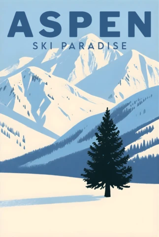 Mountain Landscape Design Template for Poster Featuring Aspen Tree and Snowy Peaks