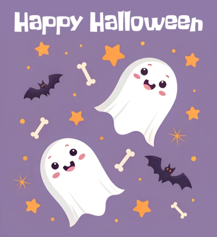 Speelse kawaii Halloween-geesten voor schattige wenskaarten en merchandise-sjablonen