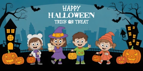 Halloween-Kinder-Szene mit Kostümen, Kürbissen und Spukhaus für Facebook-Cover-Designvorlage