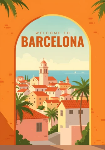 Archway View with Bell Tower & Sea Barcelona Travel Posters Design Template