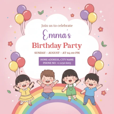 Birthday Party Invitation Poster Kids Celebration with Balloons, Rainbow, Children, and Cheerful Festive Theme