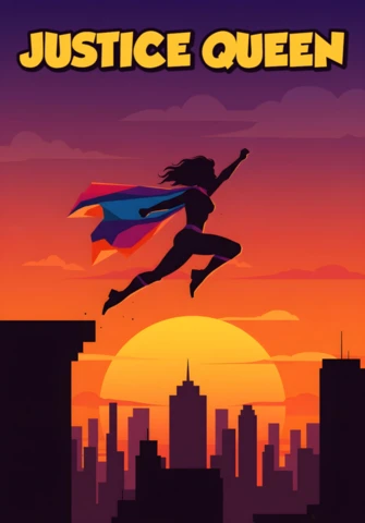 Regina della giustizia supereroe silhouette che salta sopra il paesaggio urbano al tramonto modello di poster