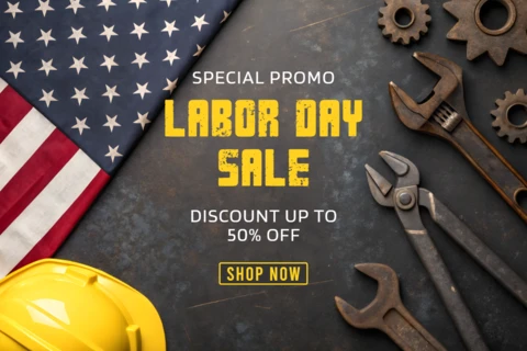 Modelo promocional de promoção do Dia do Trabalho - design industrial com elementos da bandeira americana