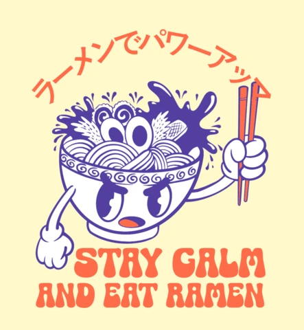 Modèle de design de ramen ludique : reste calme et mange des ramen avec des vibes rétro