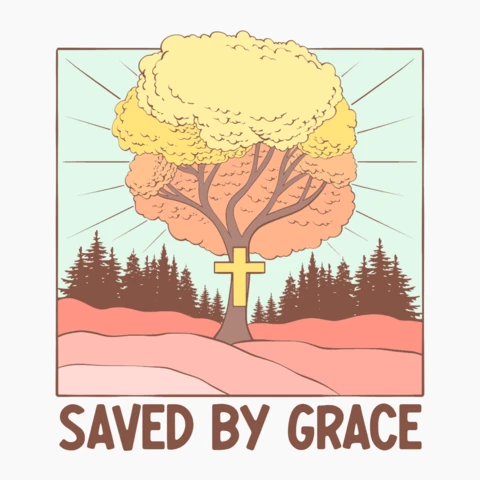 Salvo pela graça cruz árvore com símbolo cristão radiante gráfico modelo de camiseta