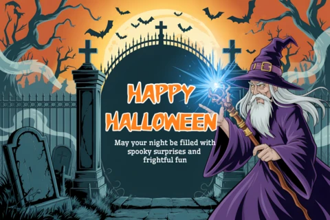 Design delizioso di Halloween con stregone per biglietti di auguri
