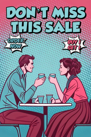 Pop Art Sale Announcement Template for Promotional Flyers Featuring Couples Enjoying Drinks