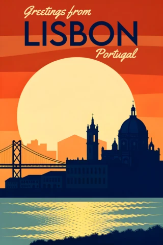 Lisbon Skyline Retro Design Template for Retro Flat Souvenirs Postcards