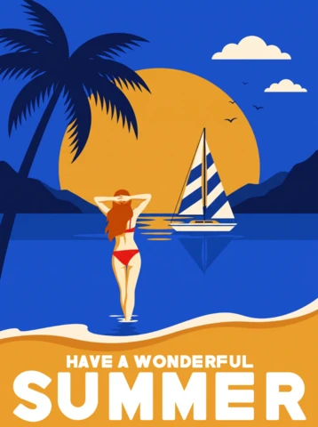 Wonderful Summer Beach Poster Featuring Red Swimsuit Character, Palm Tree, Sailboat, Orange Sunset and Relaxing Ocean Horizon
