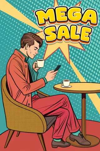 Pop Art Sale Template for Promotional Flyers Featuring Trendy Coffee Scene