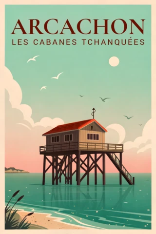 Arcachon Coastal Design with Fishing Hut for Retro Flat Souvenirs Posters Template
