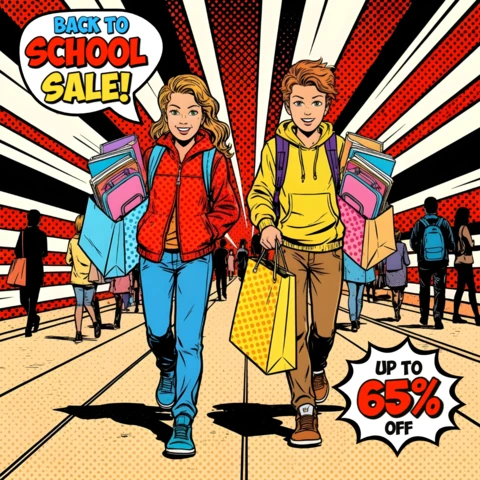 Comic School Back to School Sale Student Shopping Scene with Backpacks & Limited-Time Promo Banner Design Template for Promotional Flyers