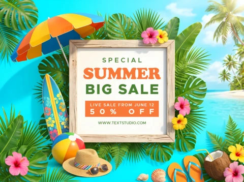 Bannière marketing grande vente d'été avec thème de plage tropicale et vacances