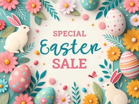 Colorful 3D Easter Sale Design Template with Floral Elements