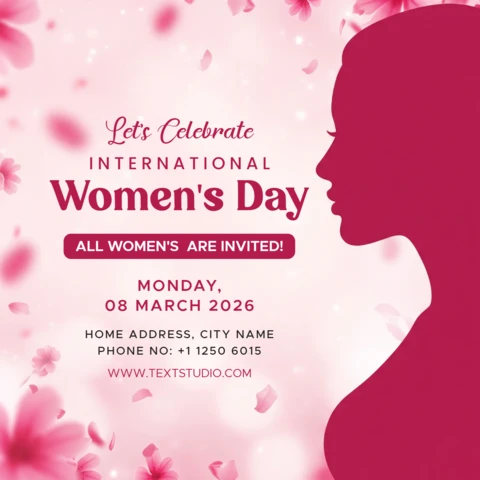 Template de folheto feliz dia internacional da mulher com silhueta de mulher, flores e brilhos festivos