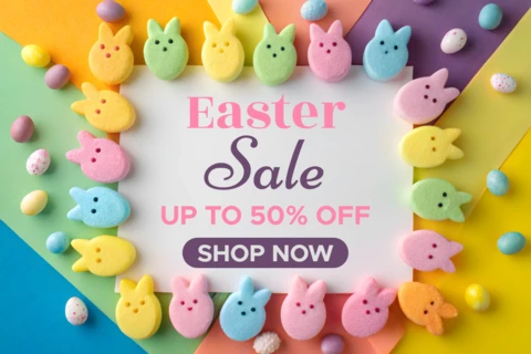 Colorido diseño de plantilla de venta de Pascua con lindos gráficos de conejitos
